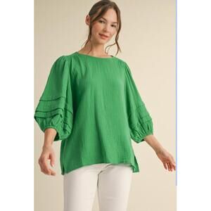 257. Green Gauze Balloon sleeves Blouse